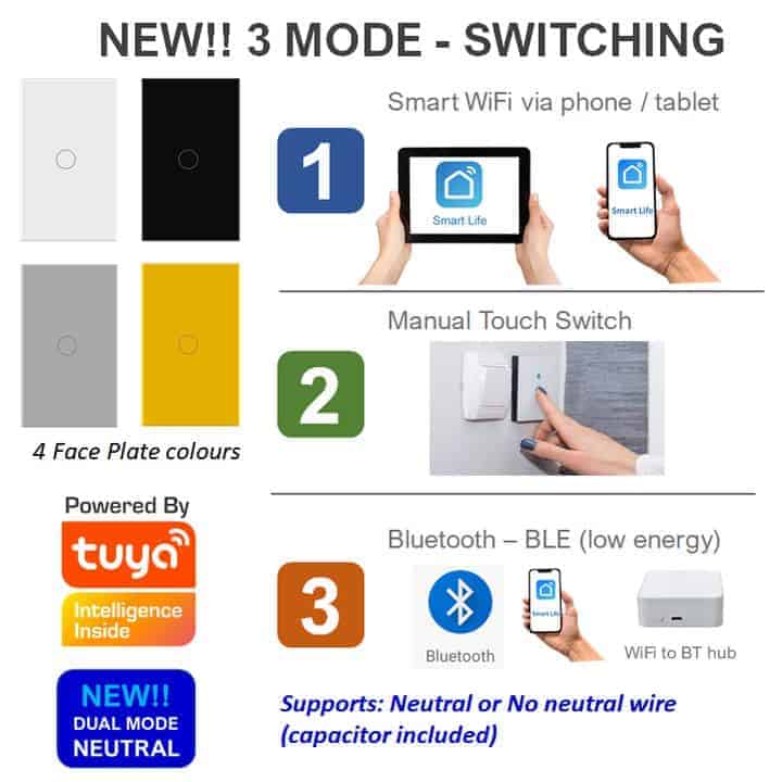 Smart Light Touch Switch, 1 Gang | Dual Mode Neutral + BT | WiFi Tuya Smart Life - Image 2