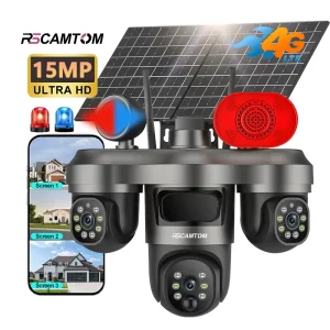 Rscamtom Outdoor Security Camera 15MP Three Lenses Auto Tracking Red Blue Alarm Okam 4G Wifi Solar Night Vision Cloud Data CMOS
