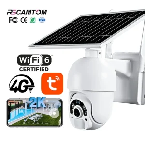 Rscamtom 2K Tuya Smart Solar PTZ WIFI Camera with Rechargeable Battery PIR Motion Sensor Color Night Vision Cloud Storage